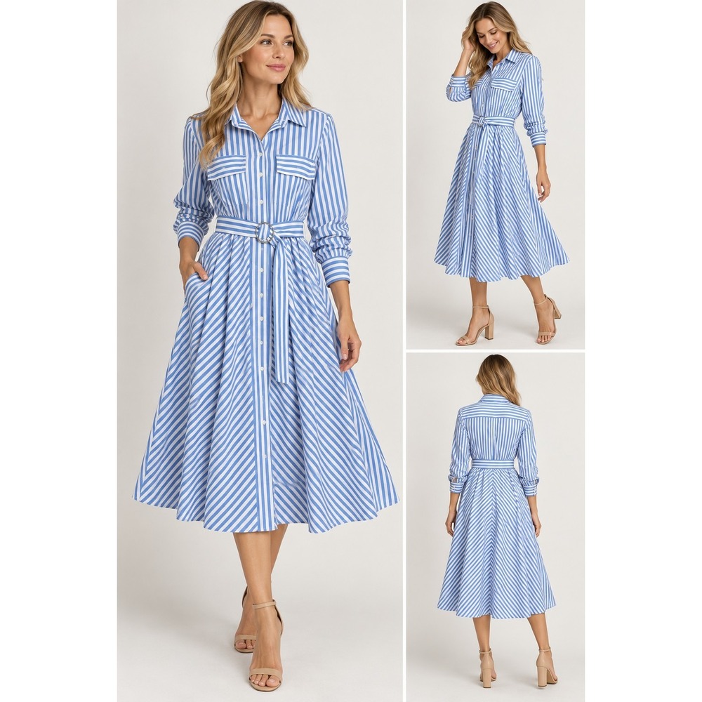 Free Assembly Blue White Striped Belted Shirt Dress Long Sleeve Midi M